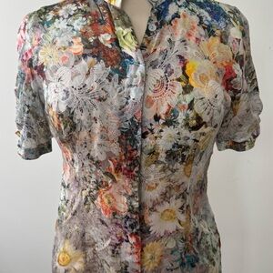 Floral Lace-Overlay Button Front Blouse in Multi-Color